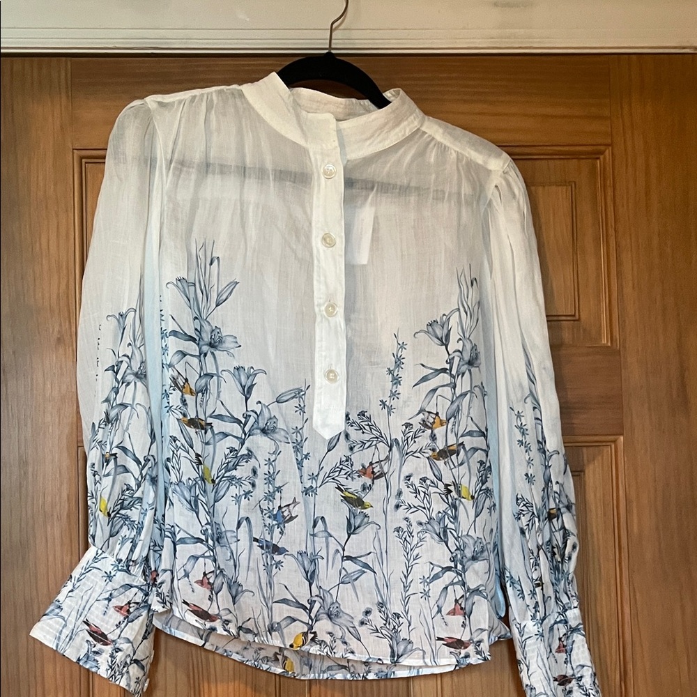 Banana Republic White Blouse with Blue Floral Design